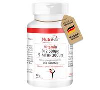 Nutrifair Vitamine B12 500μg 5-MTHF 200μg, 360 Comprimés, Méthylcobalamine, Acide folique actif, Hautement dosé, 100% Vegan, fabrication allemande & Tests en laboratoire, Premium et équitable