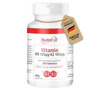 Nutrifair Vitamine D3 + K2, 240 comprimés, Haute dose, biodisponibilité optimale, fabrication allemande & tests en laboratoire, Premium et équitable