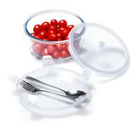 NUTRIUPS 0,9L Boite Alimentaire Verre avec Couvercle, 14,6x6,5cm Rond Lunch Box Verre avec Cuillères et Fourchettes, Plat en Verre avec Couvercle, Passe au Micro-ondes, au Four et au Lave-vaisselle
