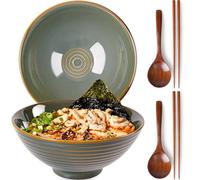 NUTRIUPS Lot de 2 bols à ramen en céramique de 1200 ml avec baguettes et cuillères, grand bol à soupe de 20 cm, vert mer profond
