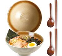 NUTRIUPS Lot de 2 bols à ramen en céramique de 1200 ml avec baguettes et cuillères (or blé)
