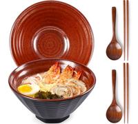 NUTRIUPS Lot de 2 bols à ramen en céramique de 1500 ml avec baguettes et cuillères - Grand bol à ramen - Rouge rouille marron