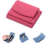 NUTSE Mini portefeuille pliable et compact en cuir véritable avec blocage RFID et blocage RFID, unisexe, anti-fraude, rose rouge