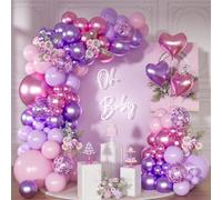 NUTTYBASH Kit d'arche de ballons roses et violets, 126 ballons à confettis violets métallisés avec cœur en aluminium pour femme, anniversaire, fête prénatale, décoration de fête de mariage
