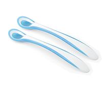 Nuvita 8485 EasyEating - Lot de 2 cuillères thermosensibles pour bébés - Silicone Bebe super doux - Capteur de température de changement de couleur - Poignée antidérapante - Premier repas - Design italien (Bleu)