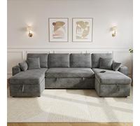NuvlaGu Canapé d'angle en forme de U avec fonction lit gris chenille extensible avec espace de rangement, porte-gobelet et ports USB, 4 places, canapé de salon