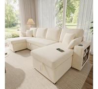 NuvlaGu Canapé d'angle en forme de U avec fonction sommeil, beige chenille, canapé lit extensible avec espace de rangement, porte-gobelet et ports USB, canapé de salon 4 places