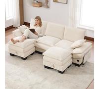 NuvlaGu Canapé modulaire 3 places en velours côtelé avec 2 tabourets, canapé possible en forme de U, avec port USB-C et poches latérales, assise extra large, rembourrage ergonomique, canapé de salon