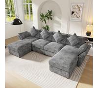 NuvlaGu Canapé modulaire 6 places gris en forme de U / L - 2 tabourets - canapé d'angle avec accoudoirs réglables - design nuage - 4 coussins décoratifs et 2 appuie-têtes - salon
