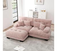 NuvlaGu Cloud Canapé d'angle en chenille 2 places, avec ottoman et coussin, modulable, avec accoudoirs larges, siège bas, rembourrage doux, moderne, canapé en L, pour salon, appartement, rose