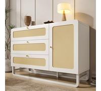 NuvlaGu Commode de style maison de campagne blanche avec poignées en rotin et poignées dorées, 3 tiroirs et 1 armoire de porte, étagères réglables en hauteur, anti-basculement, 120 x 85 x 40 cm, pour