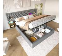 NuvlaGu Ensemble complet de lit 160 x 200 cm pour chambre à coucher - Lit rembourré hydraulique avec espace de rangement et 2 tables de chevet, tête de lit, lampe de lecture LED et fonction de charge