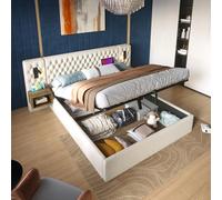 NuvlaGu Ensemble complet de lit 180 x 200 cm pour chambre à coucher - Lit rembourré hydraulique avec espace de rangement et 2 tables de chevet, tête de lit, lampe de lecture LED et fonction de charge
