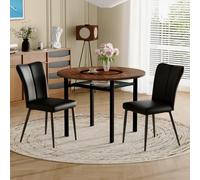 NuvlaGu Ensemble de salle à manger avec 2 chaises, table ronde marron de 100 cm de diamètre aspect bois et chaise en cuir synthétique noir avec pieds en métal noir, pour cuisine, salle à manger, salon