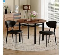 NuvlaGu Ensemble de salle à manger avec 2 chaises, table ronde marron de 100 cm de diamètre aspect bois et fauteuils noirs en polyuréthane avec pieds en métal noir, pour cuisine, salle à manger, salon