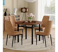 NuvlaGu Ensemble de salle à manger avec 4 chaises, table ronde marron de 100 cm de diamètre aspect bois et chaise marron en tissu haute technologie avec pieds en métal noir, pour cuisine, salle à