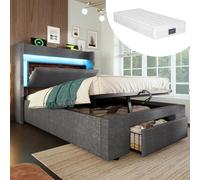 NuvlaGu Lit capitonné, 90 x 200 cm, avec espace de rangement et matelas, hydraulique, éclairage LED, tête de lit avec étagère, port USB/USB-C, sommier à lattes en bois, gris lin (gris + matelas, 90 x