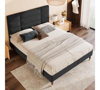 NuvlaGu Lit double capitonné 140 x 200 cm, avec sommier à lattes et tête de lit rembourrée, lit double et lit d'adolescent, sans matelas (noir + bois massif + 140 cm x 200 cm)