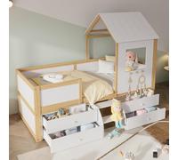 NuvlaGu Lit mi-hauteur pour enfant 90 x 200 cm avec petit escalier, lit mi-haut, clôture à quatre côtés + petit escalier, espace de rangement libre, toit et fenêtre, en pin/MDF, sans matelas (B)