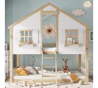 NuvlaGu Lit superposé 90 x 200 cm, pour enfant, belles fenêtres et toit, sommiers à lattes stables, rampe de sécurité latérale, pin + MDF + contreplaqué, blanc + naturel