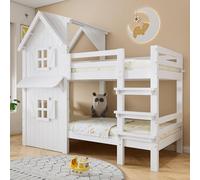 NuvlaGu Lit superposé, lit d'enfant, belles fenêtres et toit, rampes de sécurité latérales, échelle droite à trois niveaux, sommiers à lattes stables blancs
