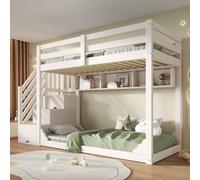 NuvlaGu Lit superposé pour enfants, armoire d'escalier et espace de rangement, en bois, peu encombrant, pour frères et sœurs, avec rampe de sécurité et compartiments de rangement, sans matelas