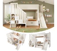 NuvlaGu Lit superposé pour enfants, avec armoire d'escalier et espace de rangement, en bois, peu encombrant, avec garde-corps de sécurité et compartiments de rangement, sans matelas (blanc)