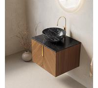 NuvlaGu Meuble de salle de bain mural de 61 cm, lavabo en céramique noire avec motif pierre, plan de travail fritté noir, armoire en contreplaqué avec 2 portes, finition grain de bois expresso