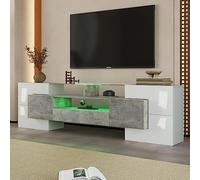 NuvlaGu Meuble TV bas moderne de 200 cm de large, blanc brillant et gris, avec éclairage LED RVB, 6 portes et 2 tiroirs, armoire multimédia de salon (gris + MDF + 60-69 pouces)