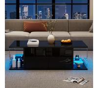 NuvlaGu Table basse de salon 100 x 50 x 30 cm avec LED, haute brillance + design en verre trempé, table basse avec 2 armoires, table d'appoint en noir simple, panneau de particules (noir + tableau de