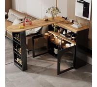 NuvlaGu Table de bar, extensible, 138 à 193 cm, avec lumière LED et fonction rotative à 360°, avec espace de rangement et façade en verre, table de bistrot moderne, pour salle à manger et salon