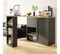 NuvlaGu Table de bar pivotante 105 × 39 × 102 cm avec 2 tiroirs, armoire à portes coulissantes et 3 niveaux d'espace de rangement ouvert pour salle à manger, bureau, salon, noir MDF