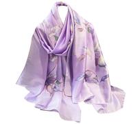 NUWEERIR Écharpe longue en satin 100% soie de mûrier pour femme, Violet et feuilles, taille unique