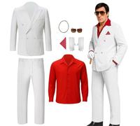 NUWIND Hommes Tony Montana Blazer Blanc Costume Gangster Chemise Rouge Lunettes Gants Colliers Set Halloween Uniforme Cosplay Movie 80s Ensemble (Blanc, XXL)