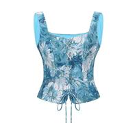 NUWIND Vintage Bustier Floral Corset à Lacets Haut Ren Faire Médiéval Gilet Ceinture Victorien Laçage Corsage Costume Renaissance Femme Pirate (Bleu Floral, S)