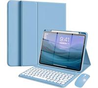 NUWONAYA Étui avec clavier et souris pour iPad 9e/8e/7e génération 10,2", iPad Air 3, iPad Pro 10,5" 2017, clavier magnétique amovible, porte-stylo intégré, bleu brumeux