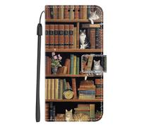 Nuxiady Coque pour Samsung Galaxy A16 4G / 5G PU Cuir à Rabat Housse Étui avec Mignonne Motif Dessin Design, Antichoc Portefeuille Etui Flip Folio Case Cover pour Galaxy A16, Chat Bibliothèque