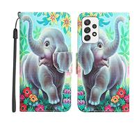Nuxiady Coque pour Samsung Galaxy A53 5G 6.5" Etui Portefeuille à Rabat Cuir et Folio Housse avec Motif Drôle Animal Antichoc Étui PU Flip Case Cover pour Galaxy A53 5G, éléphant Heureux