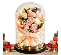 Nuyhadds Fleurs dans une cloche en verre comme décoration de table | Avec lumière LED et bouquet de fleurs séchées pour femme, petite amie, pour la Saint-Valentin et l'anniversaire