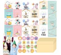 Nuyhadds Lot de 24 cartes de vœux d'anniversaire vierges avec enveloppes et 2 feuilles d'autocollants | Cartes créatives pour la famille, les , les amis, 12 motifs
