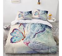 NUYSP Parure de Lit 3 Pièces Chat Papillon Housse de Couette 240x260 Adulte 3D Motif Microfibre Aquarelle Housse de Couette 2 Personnes avec Fermeture éclair et 2 Taies d'oreiller 50x75