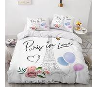 NUYSP Parure de Lit Enfant J'aime Paris Housse de Couette 140x200 avec Fermeture Eclair, 3D Ballons Tour Eiffel Microfibre Housses de Couette 1 Personne avec 2 Taies d'oreiller 50x75 cm