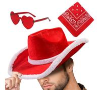 Nuytghr Chapeau de cowgirl de Noël | Chapeau western cowboy, 3 x lunettes de cowgirl vintage bandana en forme de cœur, lunettes réglables pour fête de Noël, accessoires de costume occidental