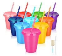 NUZEKY Lot de 10 gobelets réutilisables en plastique avec pailles et couvercles - 473,6 g - Gobelets colorés pour café glacé - Mignon et durable pour adultes