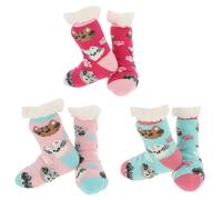 Nuzzles Lot de 3 paires de chaussettes confortables pour enfants, doublure en polaire, semelles antidérapantes, motifs animaux, taille unique, à partir de 3 ans, Chaton, Taille unique