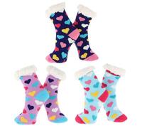 Nuzzles Lot de 3 paires de chaussettes confortables pour enfants, doublure en polaire, semelles antidérapantes, motifs animaux, taille unique, à partir de 3 ans, cœurs, Taille unique