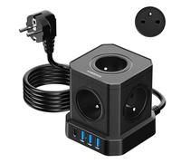 NVEESHOX Cube Multiprise (16A/4000W) 5 Prises françaises avec 3 Ports USB et 1 Port Type-C, Bloc Multiprise Parafoudre et Surtension avec Interrupteur, Câble 2Mpour Maison Bureau,Voyage (Noir)
