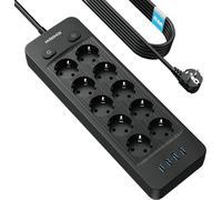 NVEESHOX Multiprise Electrique (16A/4000W), Multiprise 10 Prises avec 4 Ports USB, Bloc Multiprise Parafoudre et Surtension avec Interrupteur, Câble 5Mpour Maison Bureau,Noir