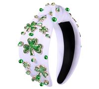 NVENF Bandeau de la Saint-Patrick pour femmes, serre-tête noué en forme de trèfle vert, strass, cristal, feuille porte-bonheur, large nœud supéri