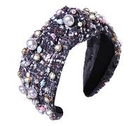 NVENF Bandeaux noués pour femme, bandeau noué avec perles et cristal, bandeau orné de strass, large nœud sur le dessus, accessoire de cheveux tendance pour femme (gris)